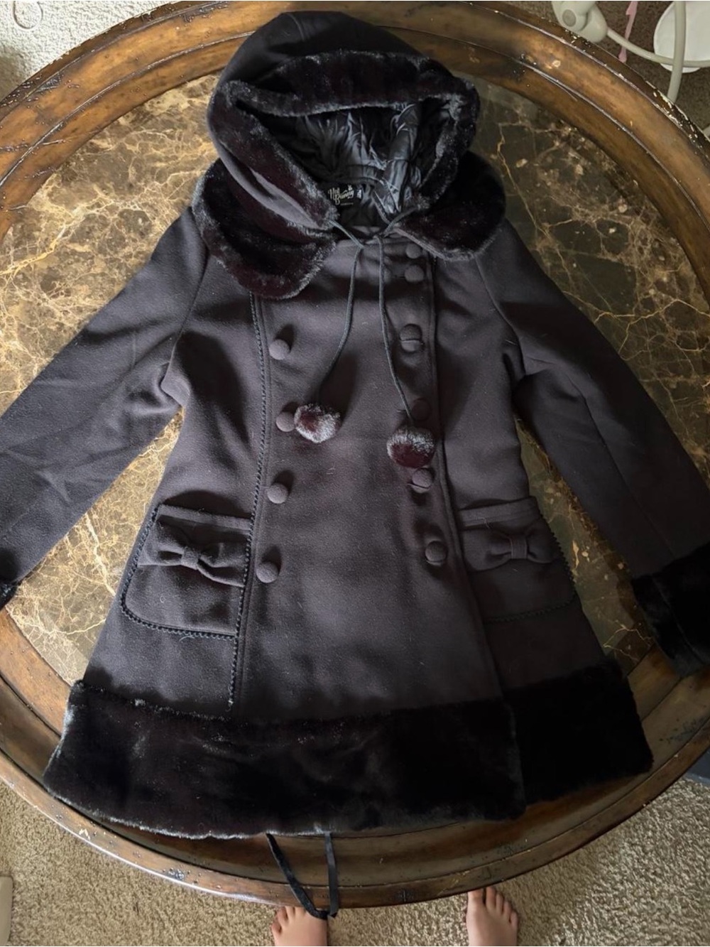 Hell Bunny Black Faux Fur Trim Double-Breasted Pea Coat